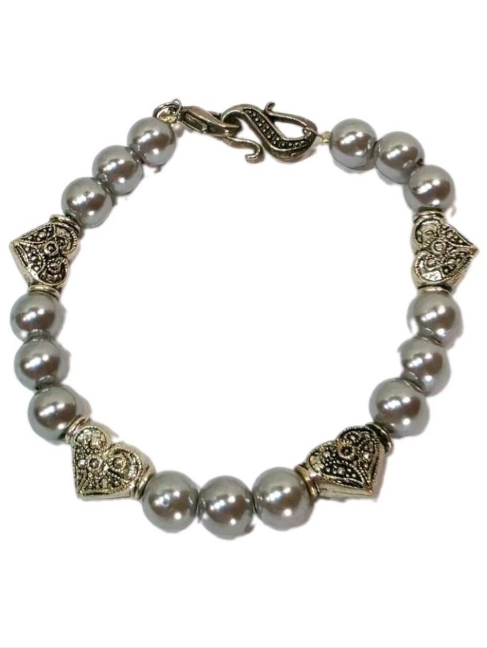 Vintage Style Grey Pearl Bracelet with Silver Heart Accents & Ornate Clasp